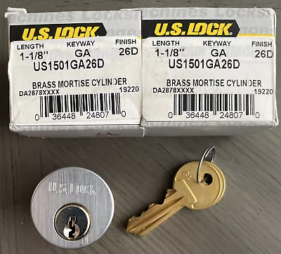 U.S. Lock 1 1/8  Brass Mortise Cylinder GA Keyway Chrome US1501GA26D - Lot Of  2 • $15.95