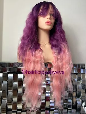 Pastel Rainbow Wig Ombré Mix Bangs Lace Front  26” Long Spiral Spring Curly Wavy • $39