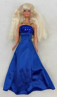 Barbie Doll Blonde Hair Blue Eyes In Blue Formal Dress W/Ring & Earrings • $14.95