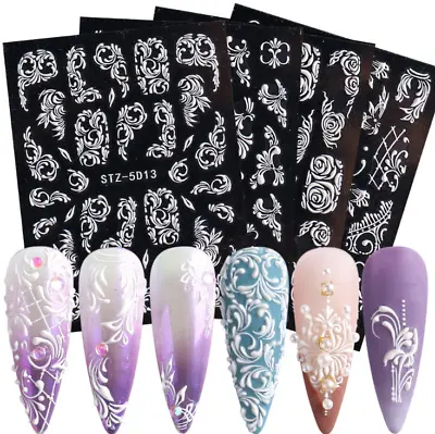 Pure White 5D Embossed Rose Flowers Nail Stickers Water Sliders Manicure Decor • $2.95