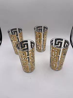4 Vintage Culver Barware Glasses 22K Gold And Blue Enamel Greek Key Design Used  • $59.99