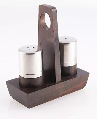 Mid Century Modern Rosewood Stainless Steel Salt Pepper Shakers W/ Holder • $49.50