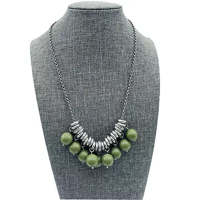 Lia Sophia  OFFBEAT $82 Matte Silver Necklace Army / Olive Green Beads & Crystal • $9.99