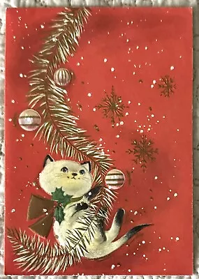 Vintage Christmas Siamese Cat Kitten Gold Garland Greeting Card 1950s 1960s • $7.99