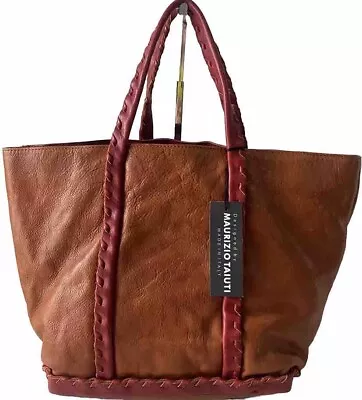 Maurizio Taiuti Italy Leather Tote Handbag Cognac Whipstitch Red Trim • $44