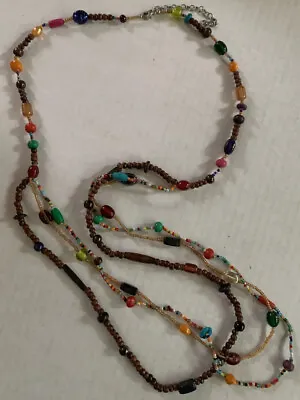 Colorful Boho Layered Beaded Glass Wood Bead Necklace 18” • $10