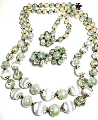 Vintage Signed GERMANY 2 Strand Necklace Earrings Set Green Glass Gorgeous! • $39.99