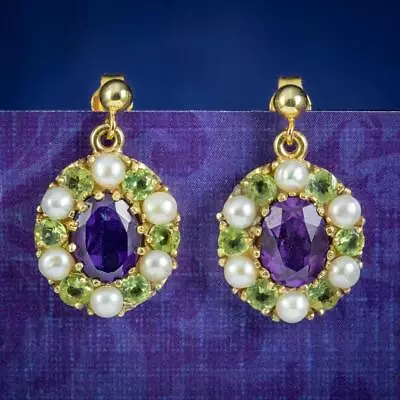 Edwardian Suffragette Style Drop Earrings Amethyst Peridot Pearl • £175