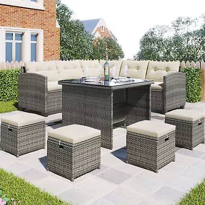 9-Seater Outdoor PE Rattan Garden Patio Furniture Set Dining Set Lounge Beige • £539.98