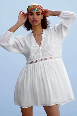 £35 • Buy Lovely *ZARA* Floral White Embroidered Lace Cotton Mini Lined Dress L