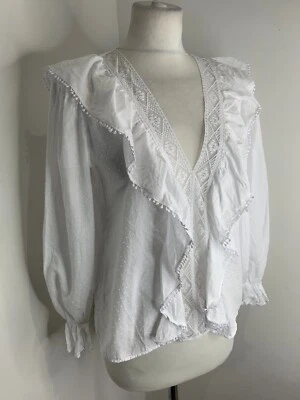 $20.74 • Buy ZARA Embroidered Peter Pan Collar Top XS VGC Blouse Lace Panel Ruffle Smart