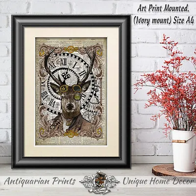 £7.99 • Buy Stag Head Print Vintage Dictionary Page Wall Art Picture Steampunk Deer Hipster