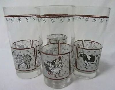 Vintage Libbey Ice Tea Water Drinking Glasses Farm Cow Chicken Lamb Set Of 4 • $24.99