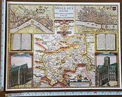 £12 • Buy Old Tudor Poster Map Of Middlesex, London: Speed 1600's 15  X 12 Reprint Antique