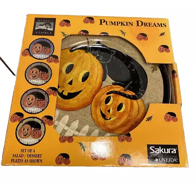 Sakura Warren Kimble PUMPKIN DREAMS CAT Set Of 4 Salad Dessert Plates • $69.99