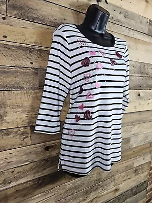 Quaker Factory Tshirt Striped White Black Heart Designs XXS Chest 35  Length 25  • $24.95