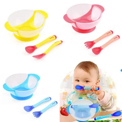 3X/Set Baby Kid Anti Slip Feeding Tableware Suction Food Bowl Sensing Spoon Fork • £3.49