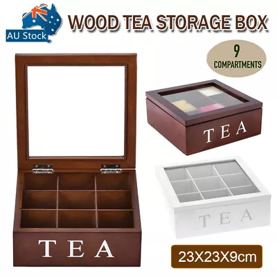 Wooden Tea Box 9-Compartment With Glass Lid Storage Organizer Tea Bag Chest Box • $38.77