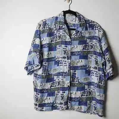 $18 • Buy Habotai Blue Silk Patchwork Travel Blouse - M