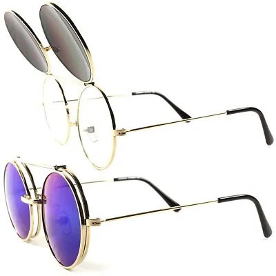 Gold Retro Revival Eccentric Steampunk Flip-Up Sun Glasses Green Mirrored Lens • $14.99