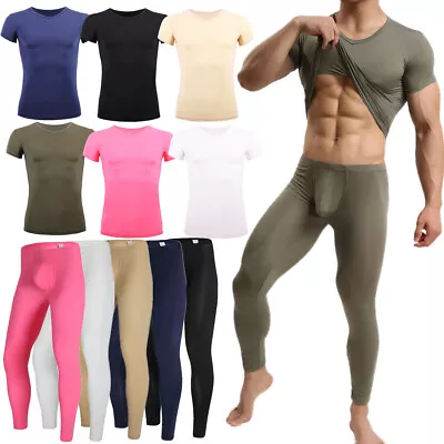 Sports Men Seamless Ice Silk Pajama Pants T-shirts Thin Sleep Top + Bottoms Set • £21.59