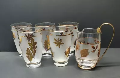 VTG Libbey Glassware 8 Oz Frosted Gold Leaf 4.75  Glasses / Pitcher - Set Of 6 • $29.99
