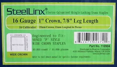 SteelLinx 16 Gauge 1  Crown 7/8  Leg Length Senco P Style Staples **1050 Count** • $19.99