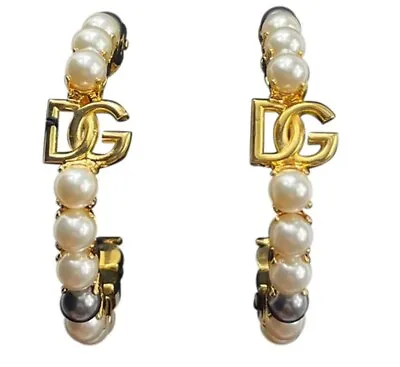 DOLCE & GABBANA Earrings Gold DG Logo White Faux Pearl Hoop Circle Jewellery • £380