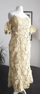 8 Yellow Beige Over Cutwork Floral Lace Bardot Midi Dress JARLO Rrp £120 • £30