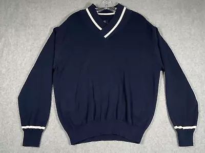 Lincs David Chu Men's Navy Sweater XL Collar White Stripe V-Neck Cashmere Blend • $30