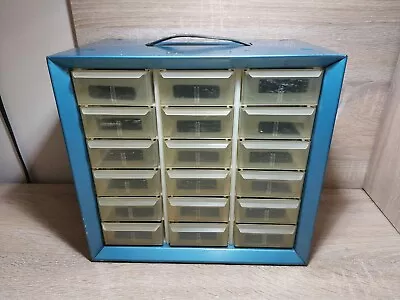 Vintage AKRO-MILS Blue Metal Small Parts Cabinet W/ 18 Drawers - Box • $29.99