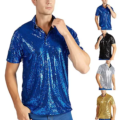 Men's Relaxed Short Sleeve Turndown Sparkles Sequins Polos Anime Tee Shirts Men • $29.07