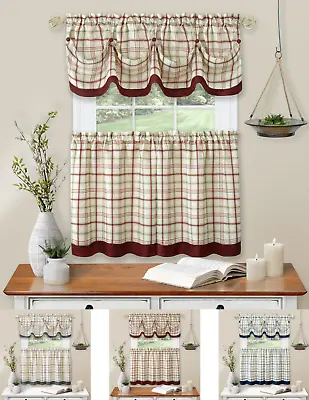 $17.99 • Buy Country Farmhouse Plaid 3 Pc Tattersall Cafe Kitchen Curtain Tier & Valance Set