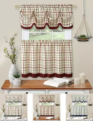 $17.99 • Buy Country Farmhouse Plaid 3 Pc Tattersall Cafe Kitchen Curtain Tier & Valance Set