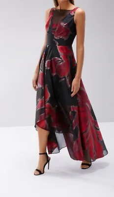 STUNNING Coast Black Red Silver Floral Occasion Maxi Midi Dress Size 10 • £65