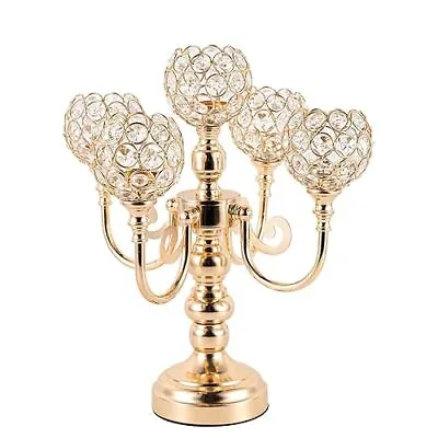 5 Arm Gold Candelabra Centerpieces With Crystal For Tables Metal Candlestick • £37.99