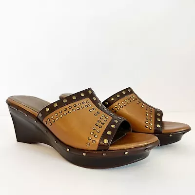 B Makowsky Tan Brown Studded Leather Wedge Slip On Sandals Size 9M NEW • $32