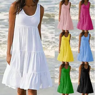 Womens Summer Holiday Beach Strappy Dress Ladies Casual Pullover Ruffle Sundress • £9.19