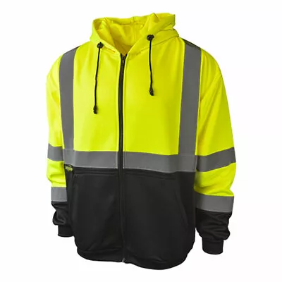 Hi Vis ANSI Class 3 Lime Safety Black Bottom Zip Up Fleece Hooded Sweatshirt • $33.95