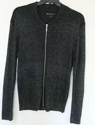 Men Dress BlK/Metallic Silver Combo Ribbed Lng Slv Zipup Sweater Size Medium MC9 • $30