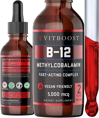 VITBOOST Vegan Liquid B-12 Drops – 60 X 5000 Mcg Extra Strength Raspberry Flavor • $30.95