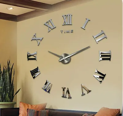 Modern 3D DIY Large Roman Numerals Mirror Wall Sticker Clock Home Office Decor • £13.29