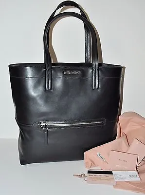 MIU MIU Vitello Soft Leather Shopping Tote Bag In Nero Black • $599