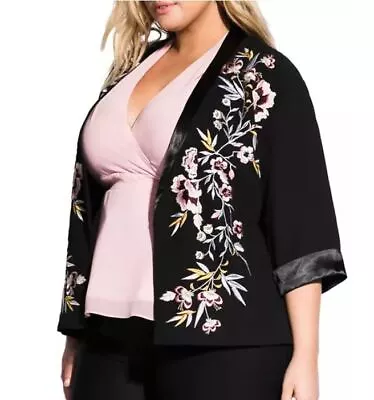 City Chic Ladies Embroidered Love Kimono Jacket Sizes 20 Large Colour Black • $39.99