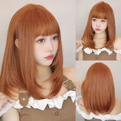 Orange Short Straight Wig Synthetic Lolita Cosplay Hair Bangs Bob Wigs  Women • £14.74