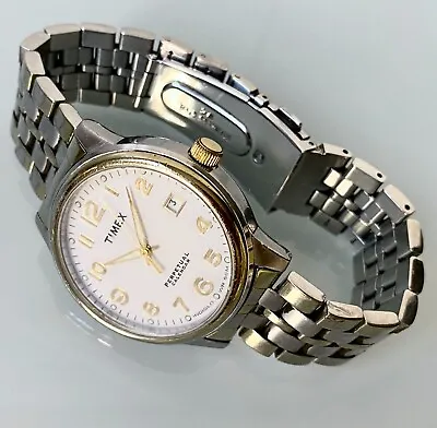 Mens TIMEX PERPETUAL CALENDAR Gold/Silver White Dial S STEEL Bracelet INDIGLO • $39.90