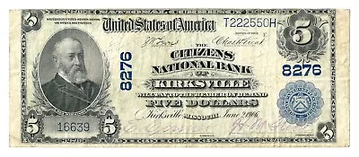 Kirksville Missouri (MO) $5 Large Blue Seal 1902 National Bank Note Ch 8276 • $745