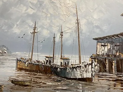 Original Oil Painting Boats In Harbour By W Jones Fabulous 1960s Or 1970s • £30