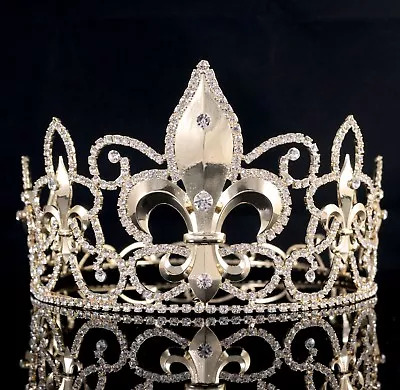 Large Full King's Metal Crown Austrian Rhinestone Crystal Fleur-De-Lis Wed T82g • $18.99