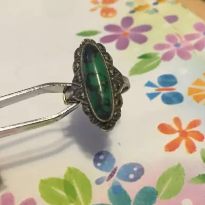 Vtg 925 Sterling Silver Marcasite Turquoise Stone Ring Size-5 With Sizer • $27